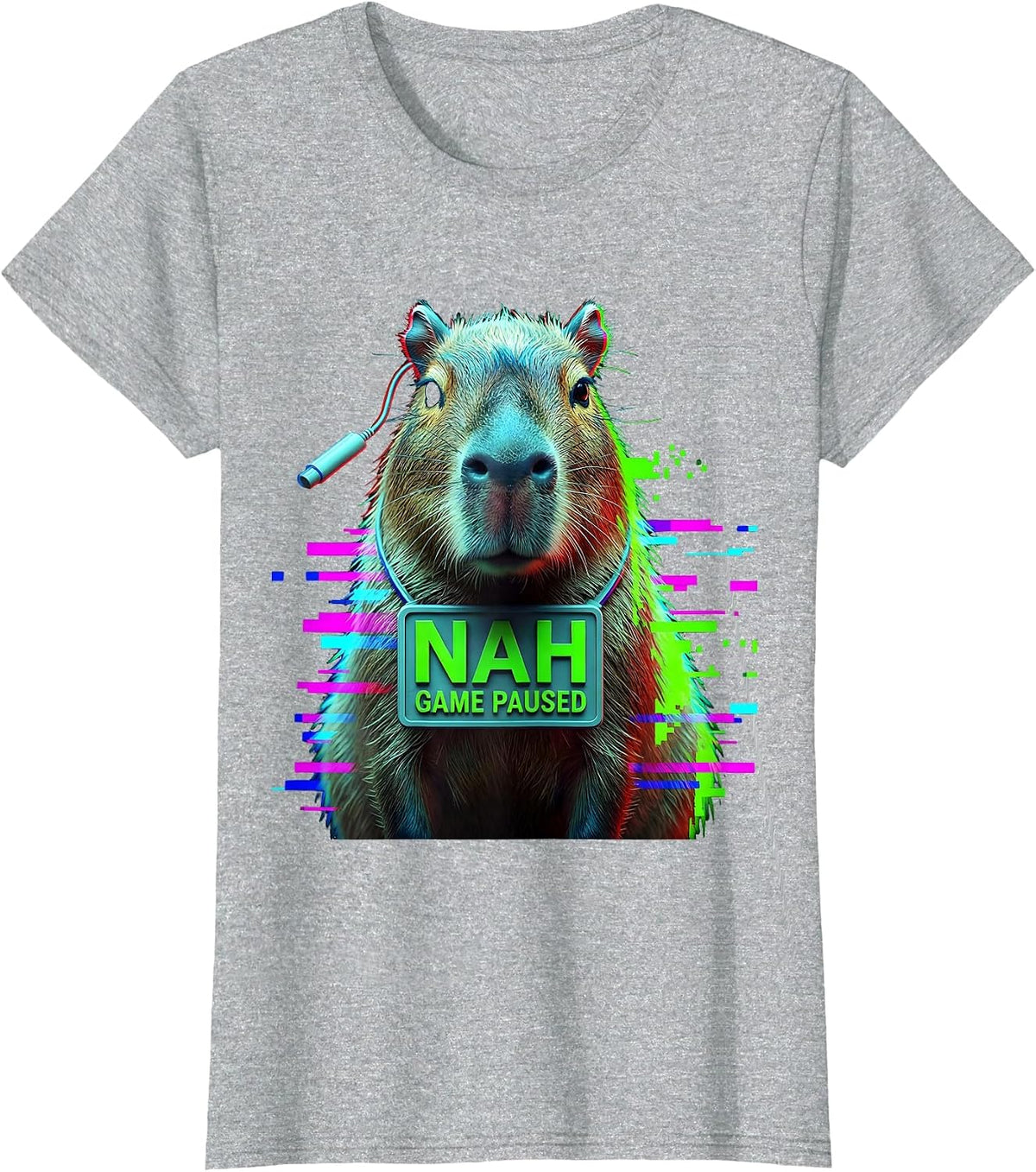 Nah, Game Paused Glitch Datamosh Funny Capybara Gamer Meme T-Shirt - Heather Grey