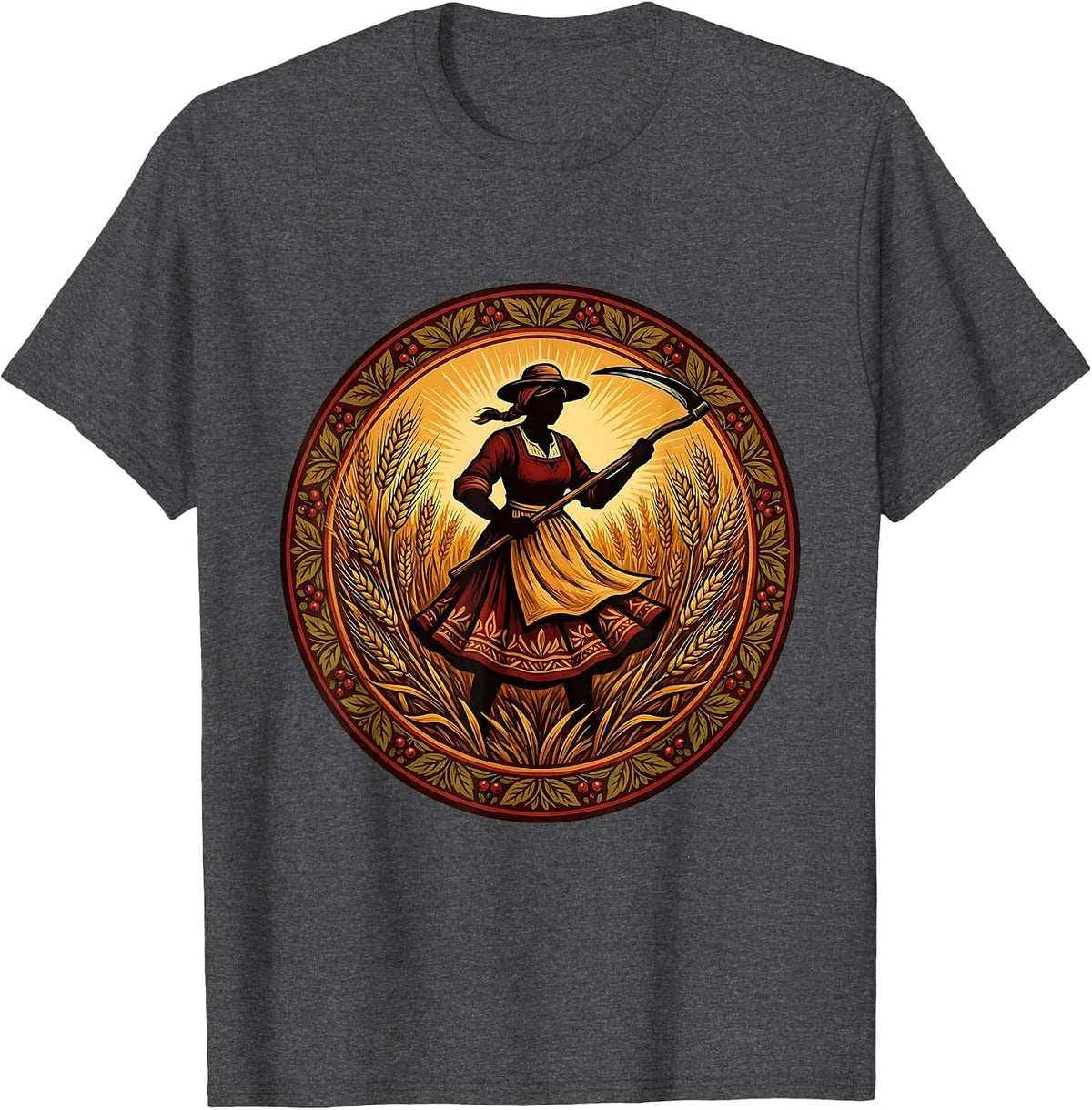 Labor Day Woman Farmer Wheat Field Harvest T-Shirt - Dark Heather Grey