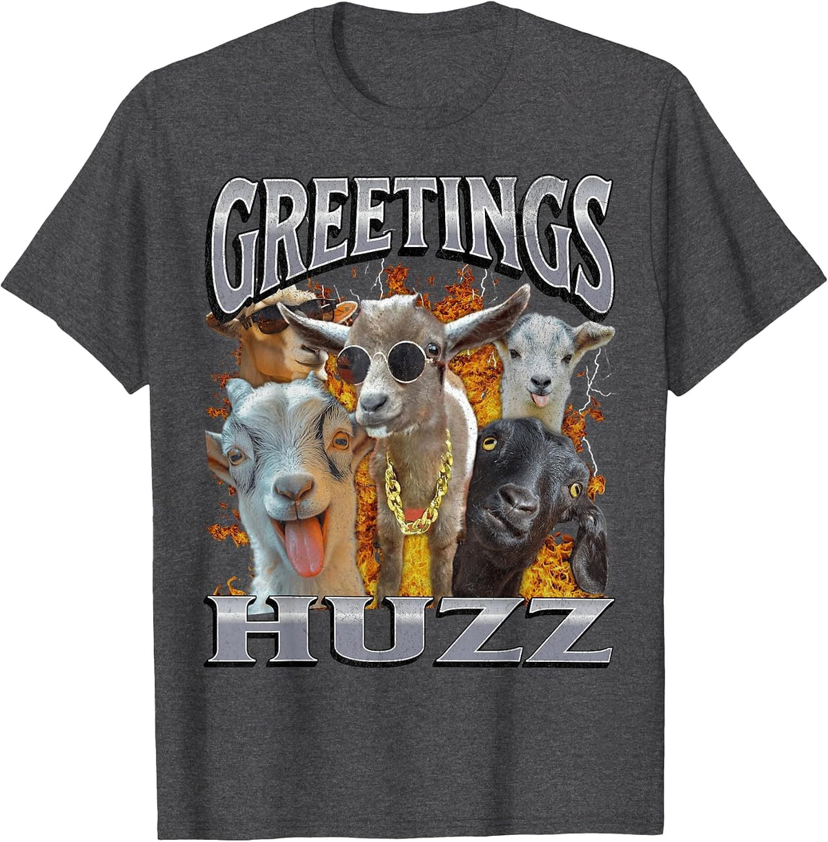 Greetings Huzz Funny Goat Adult Humor Meme Bootleg T-Shirt - Dark Heather Grey