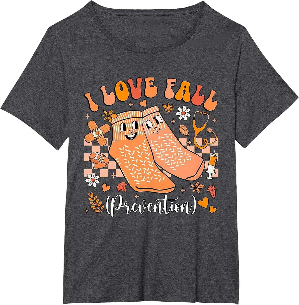 Groovy Retro I Love Fall Prevention Fall Physical Therapy T-Shirt - Dark Heather Grey