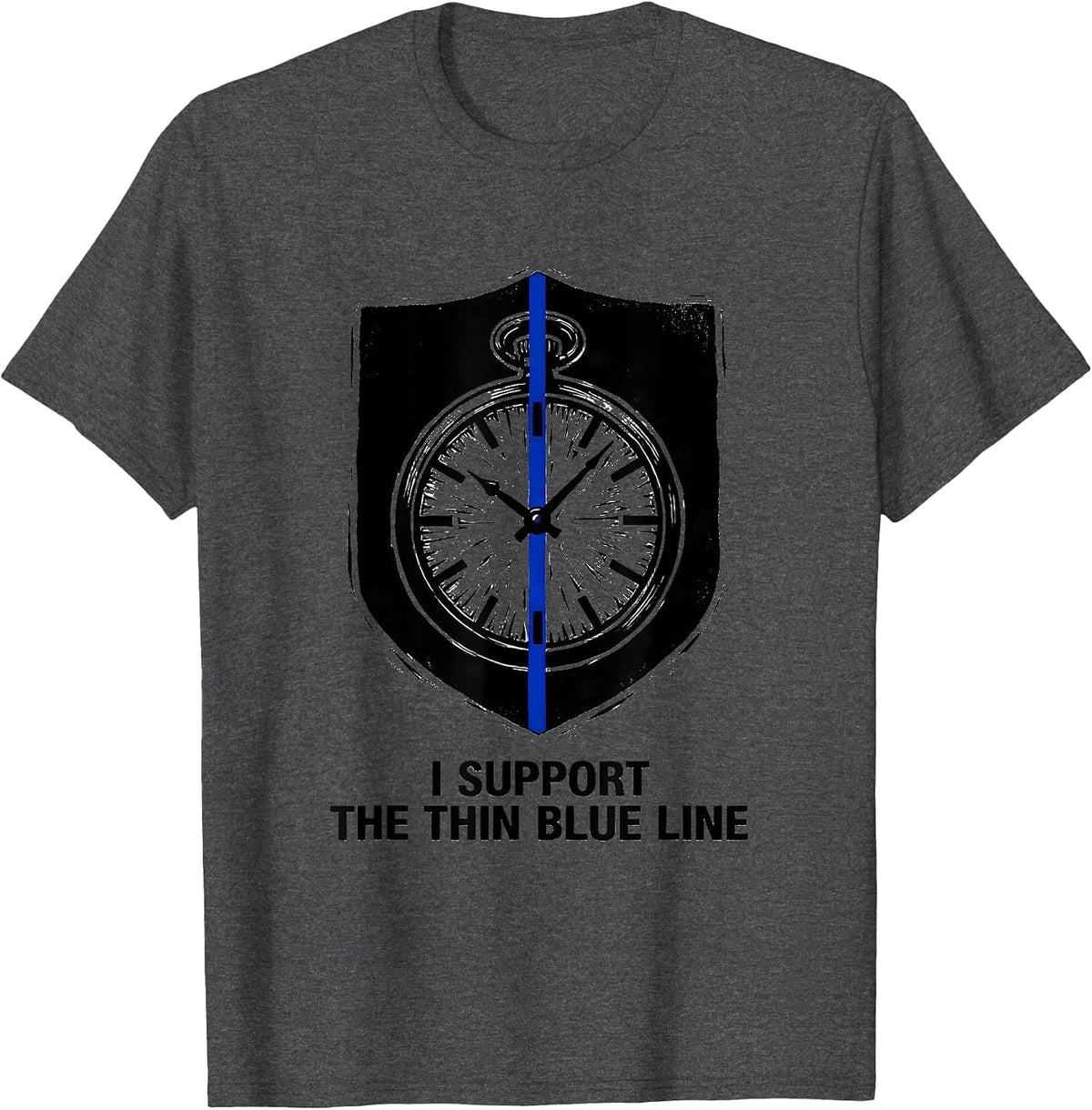 Men's I Support The Thin Blue Line Linocut Police Officer T-Shirt - Dark Heather Grey