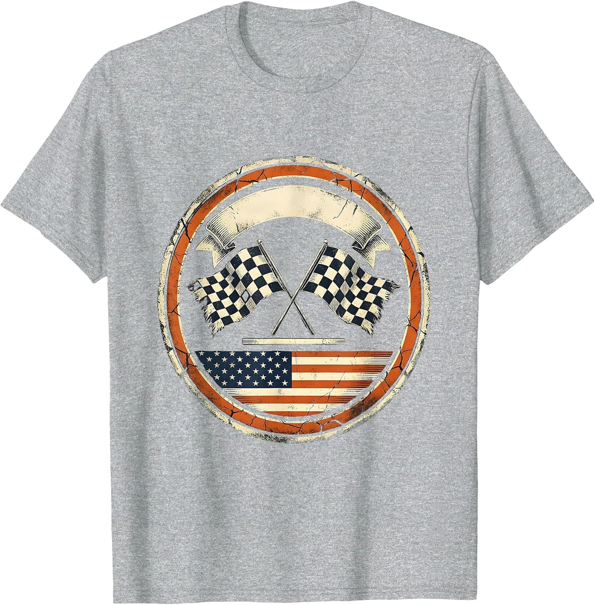 Men's Sealed Badge Distressed Racing Fan Checkered Flag T-Shirt - Heather Grey
