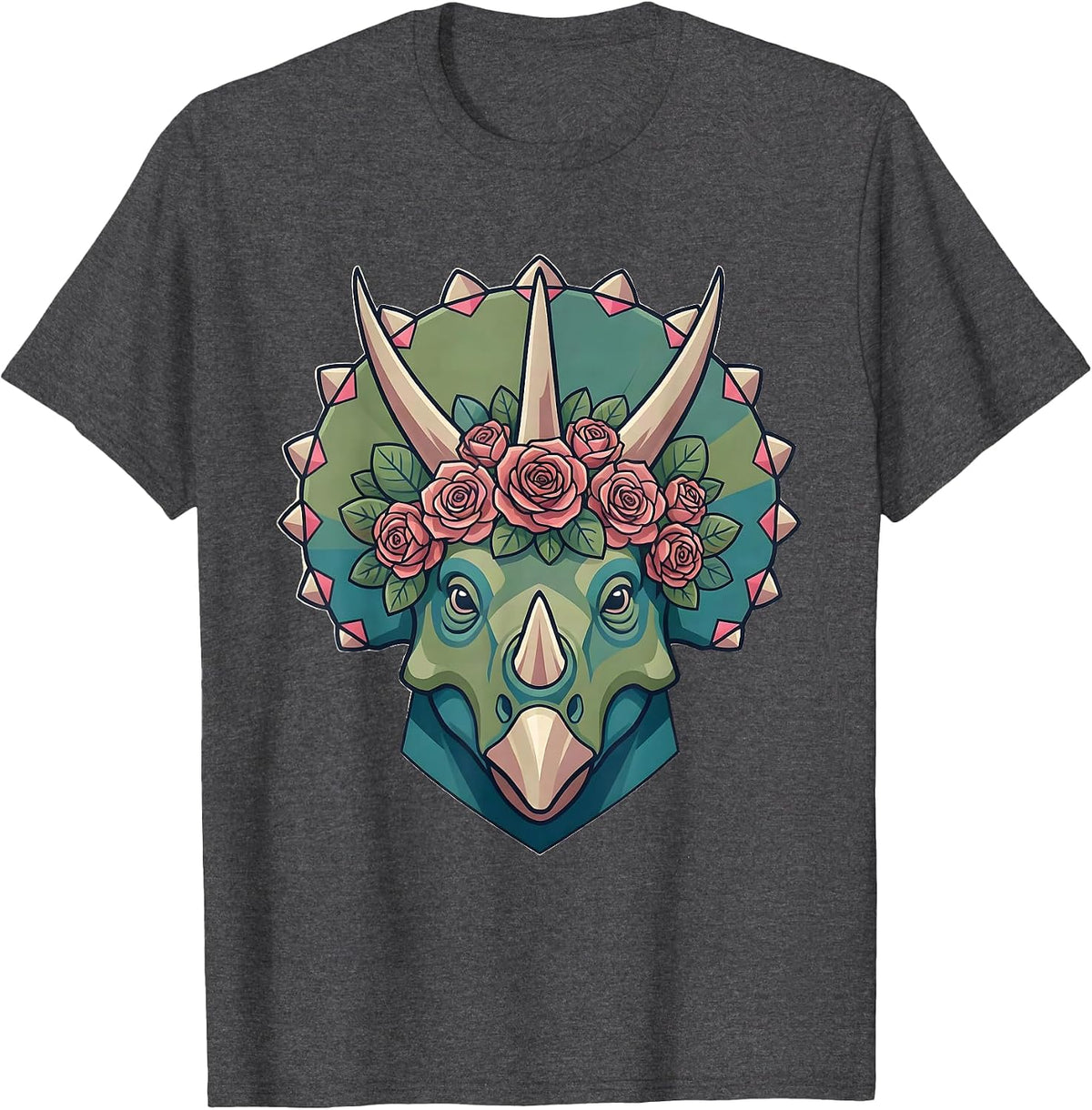 Triceratops Rose Crown Floral Dinosaur Portrait T-Shirt - Dark Heather Grey