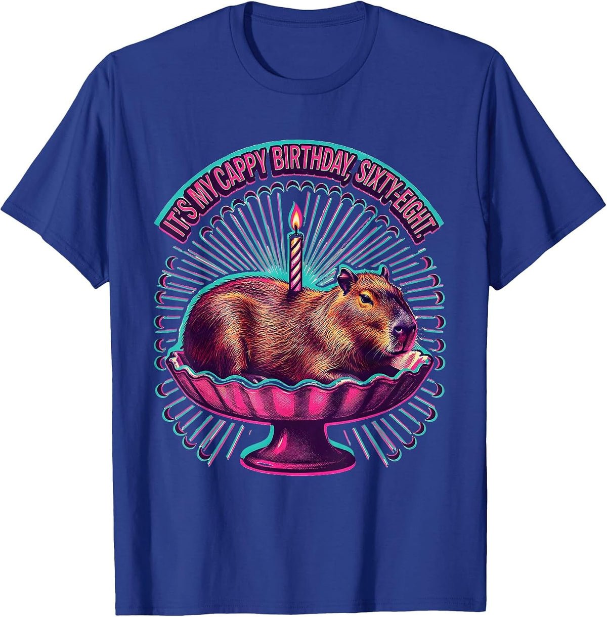 It's My Cappy Birthday Sixty-Eight Risograph Capybara T-Shirt - Royal Blue