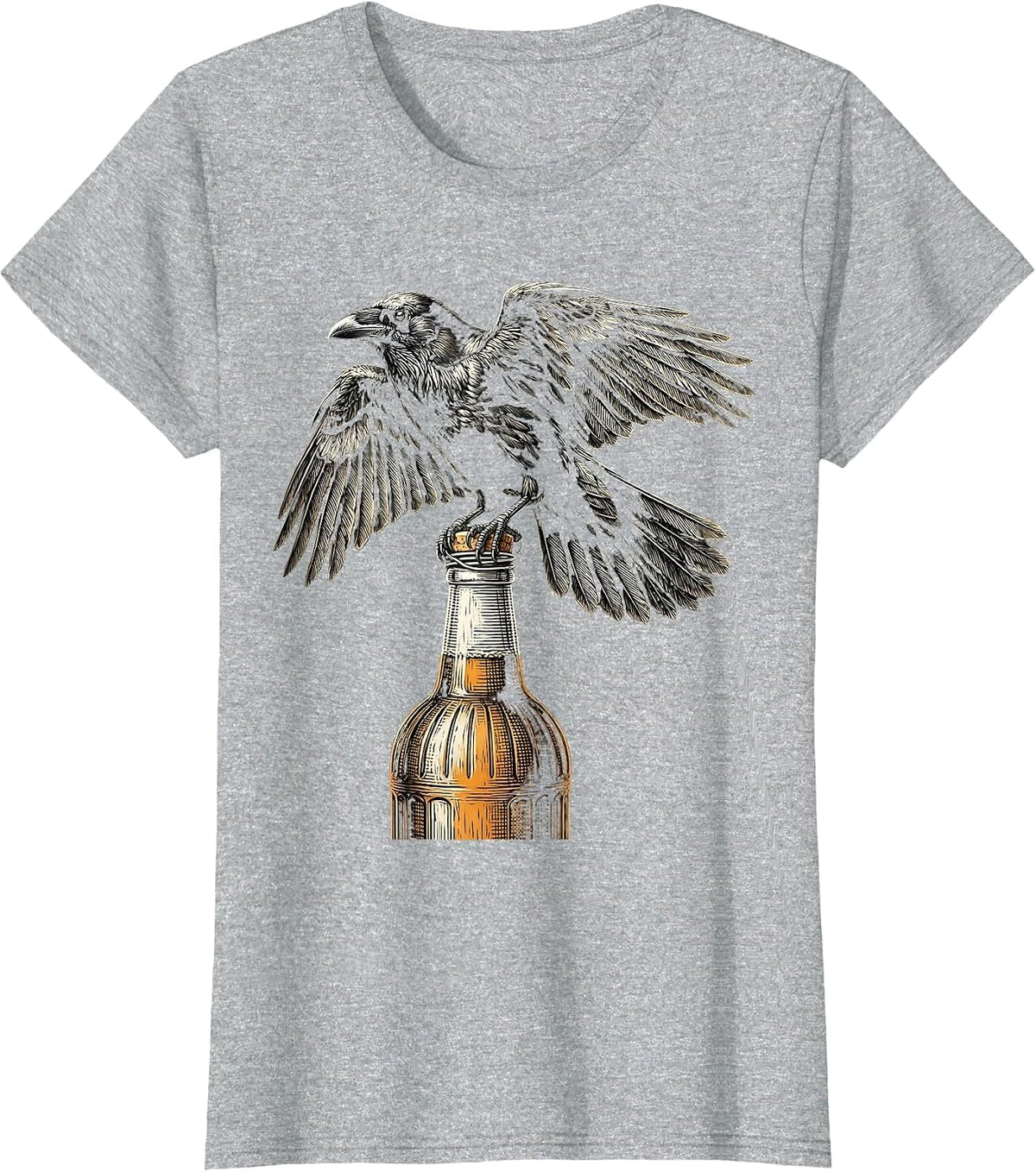 Raven on Vintage Beer Bottle Graphic Tee T-Shirt - Heather Grey