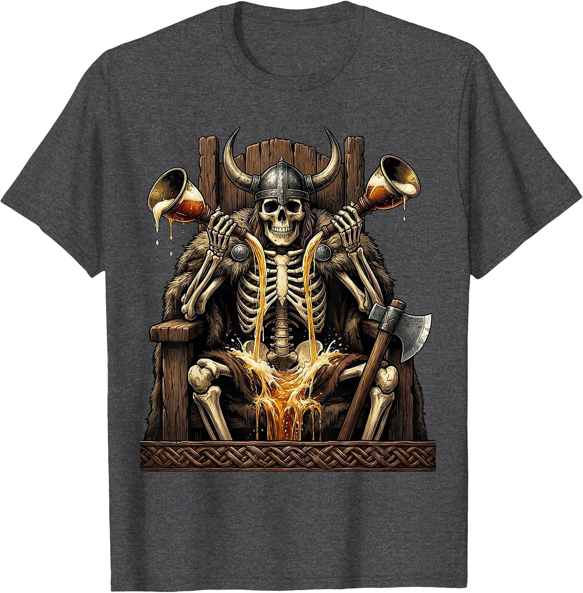 Skeleton Viking Drinking Horn Beer Illustration T-Shirt - Dark Heather Grey