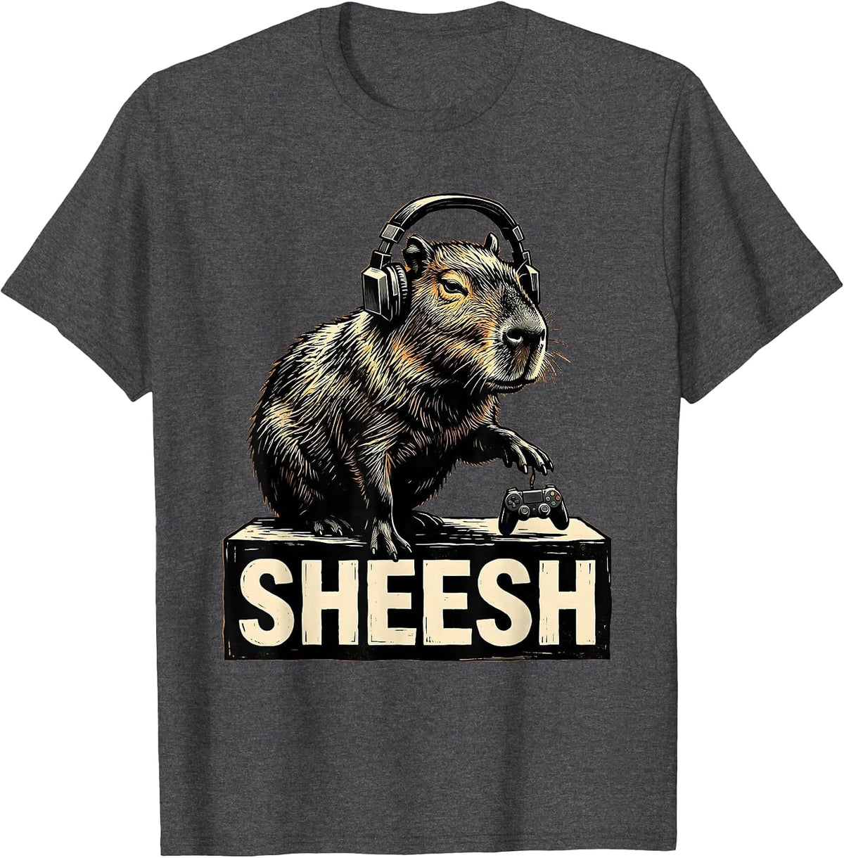 Sheesh Linocut Capybara Gamer Meme Humor Cute T-Shirt - Dark Heather Grey