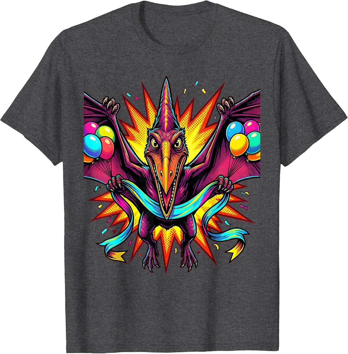 Pterodactyl Birthday Banner Dinosaur Graphic T-Shirt - Dark Heather Grey
