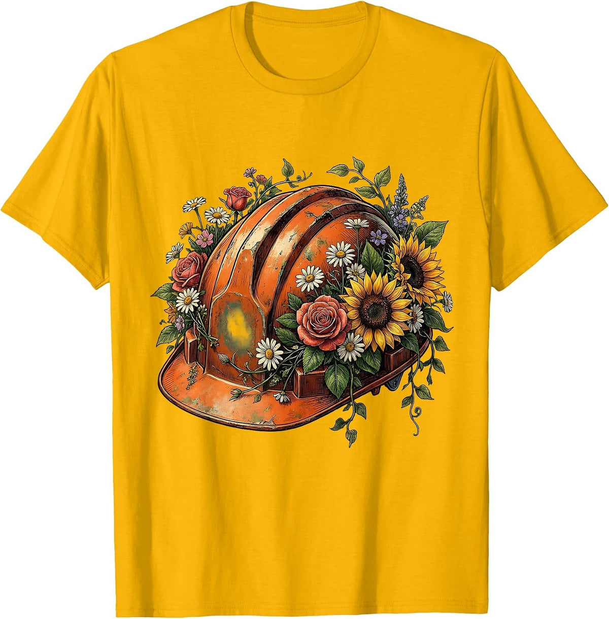 Floral Hard Hat Labor Day Illustration T-Shirt - Golden Yellow