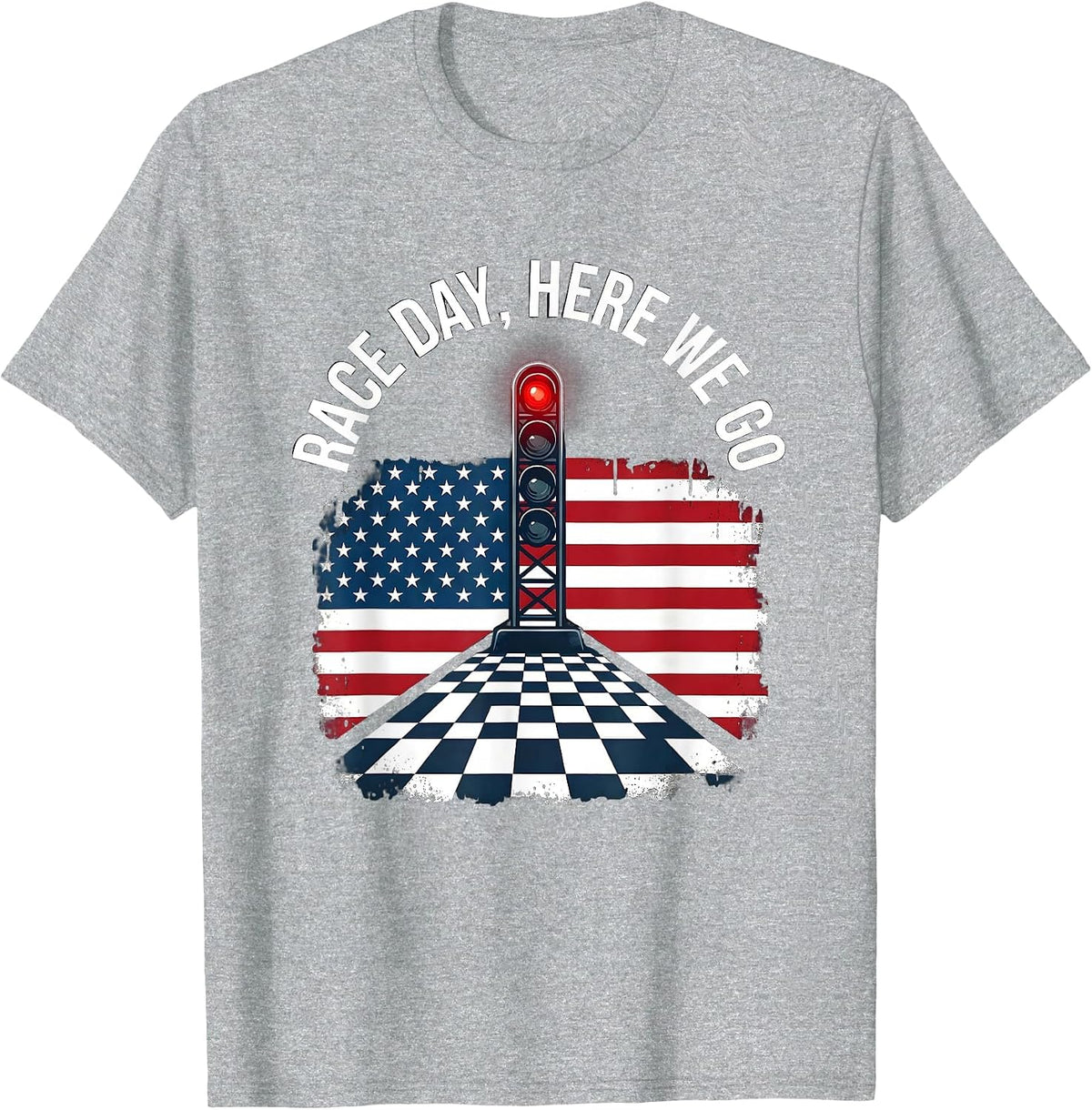 Men's Race Day Here We Go Patriotic Checkered Flag Drag Racing Fan T-Shirt - Heather Grey