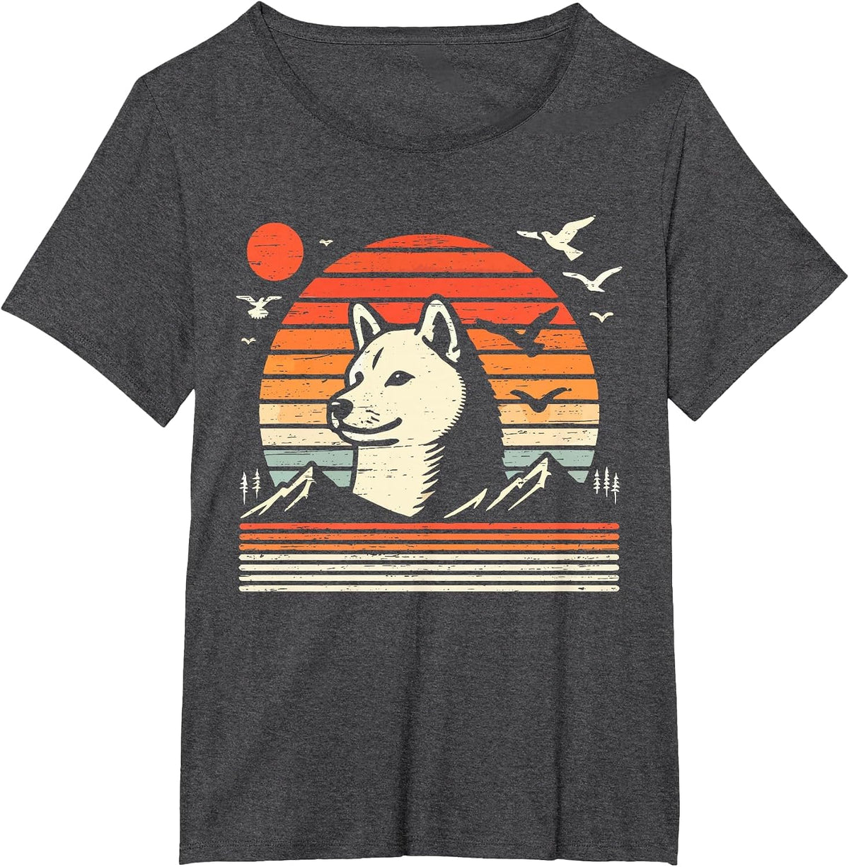 Vintage Shiba Inu Sunset Mountains Birds T-Shirt - Dark Heather Grey