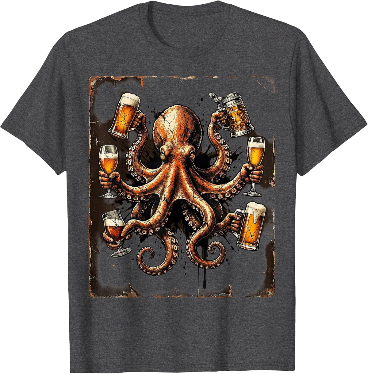 Octopus Cheers Beer Lover Graphic Design T-Shirt - Dark Heather Grey