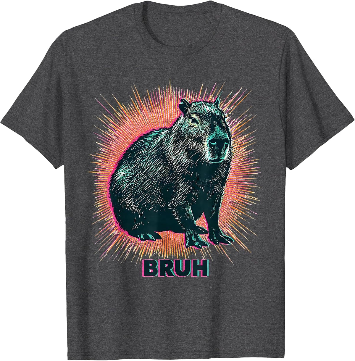 Men's Bruh Risograph Capybara Meme Animal Humor Funny Video Games T-Shirt - Dark Heather Grey