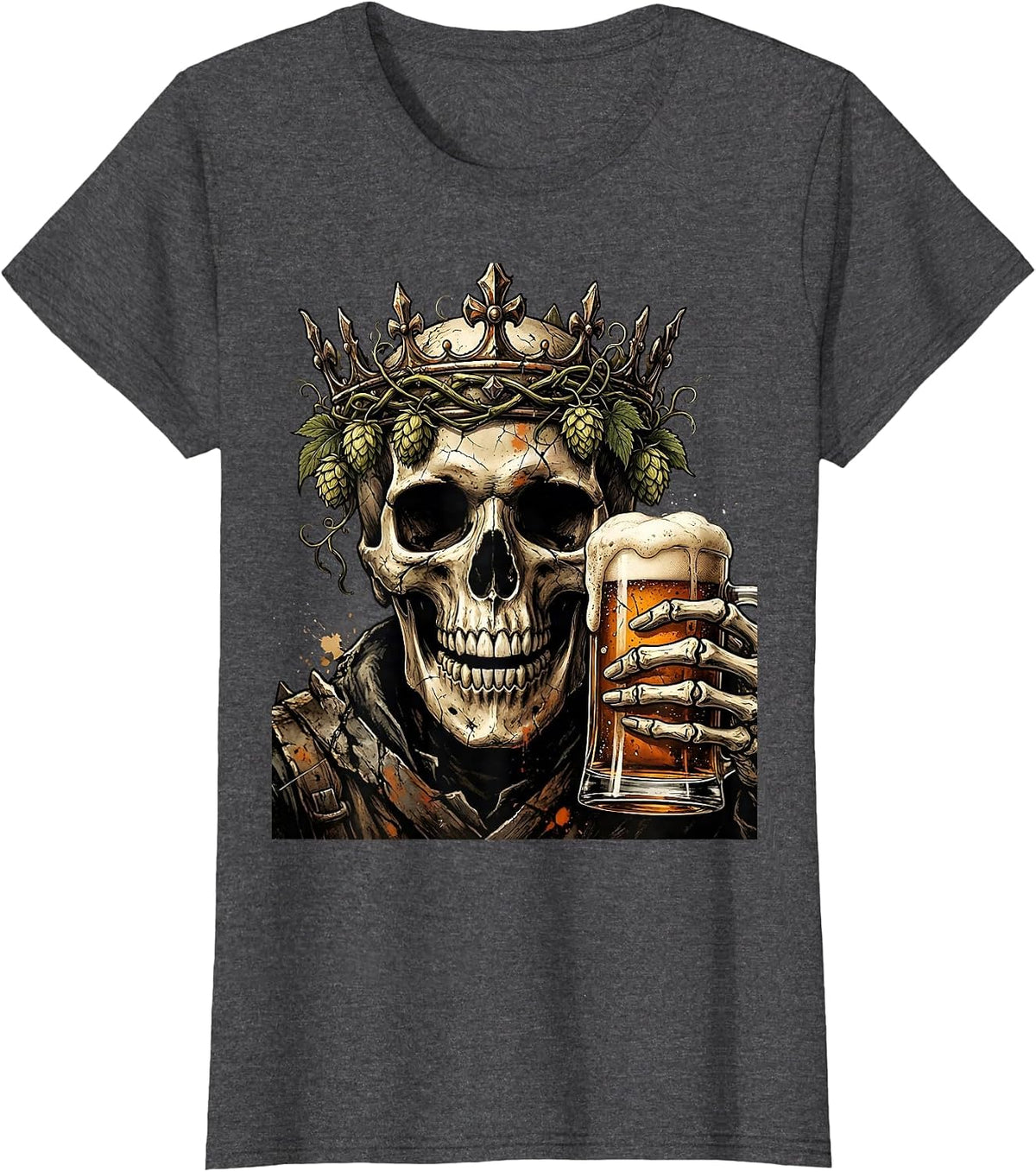 Women's Skull Hops Crown Beer Pint Graphic T-Shirt - Dark Heather Grey