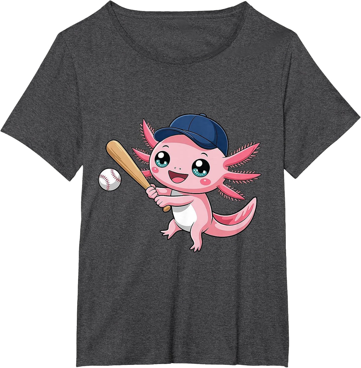 Cute Axolotl Playing Baseball Kid Kawaii Anime Axolotl T-Shirt - Dark Heather Grey