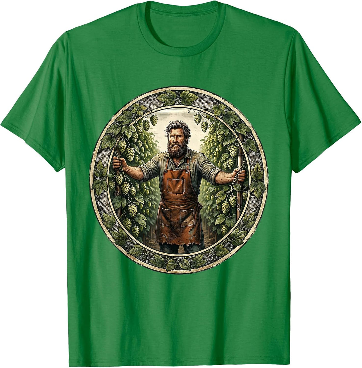 Men's Bearded Hop Farmer Beer Garden Illustration T-Shirt - Kelly Green