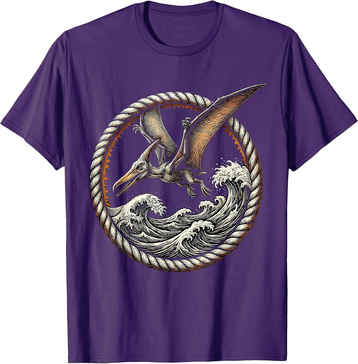 Pterodactyl Diving Over Ocean Waves Dinosaur T-Shirt - Purple