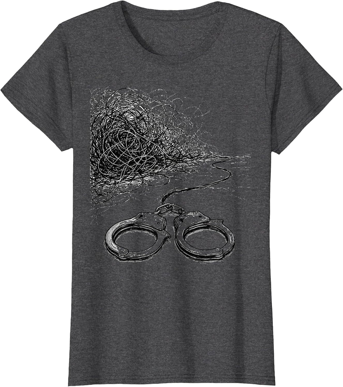 Women's Tangled Cord Handcuffs Police Officer Humor Gift T-Shirt - Dark Heather Grey