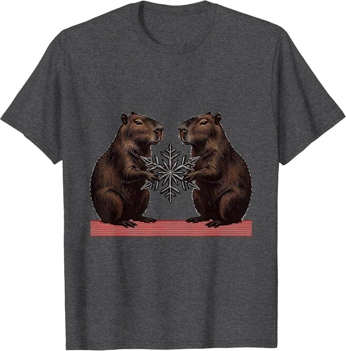 Men's Mirrored Capybaras Snowflake Wood Type Letterpress Christmas T-Shirt - Dark Heather Grey