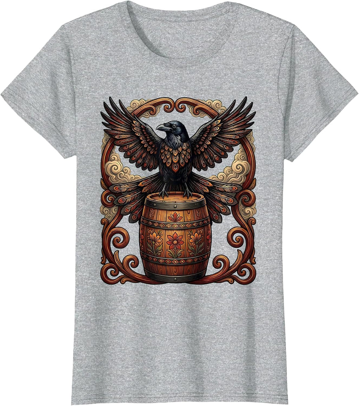 Crow on a Keg Foggy Night Beer Art T-Shirt - Heather Grey