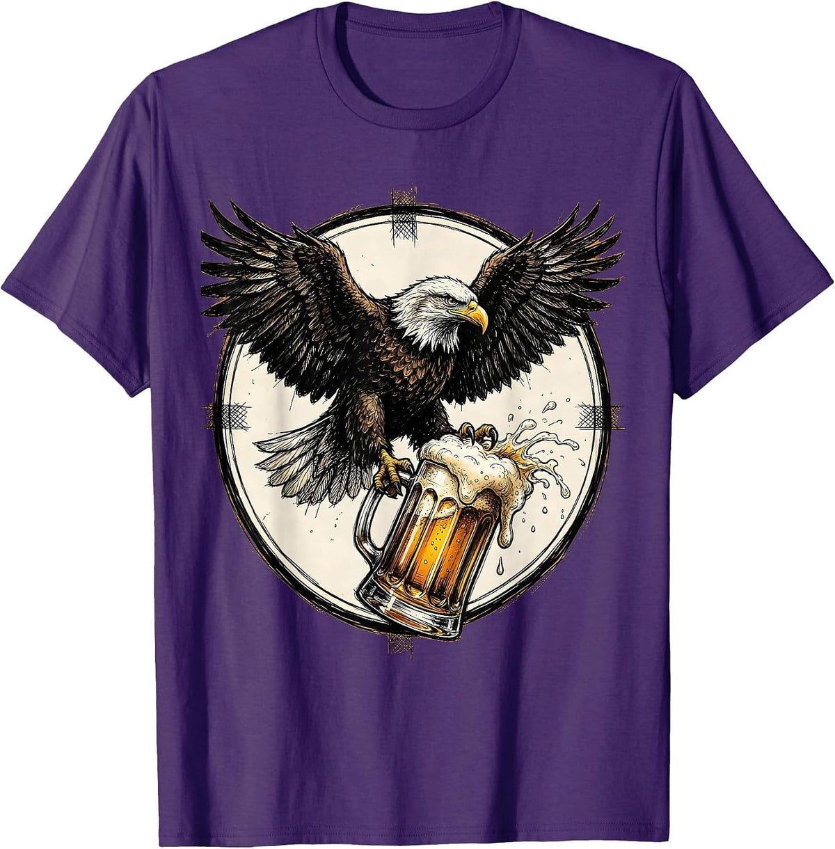 Eagle Gripping a Foamy Beer Stein Illustration T-Shirt - Purple