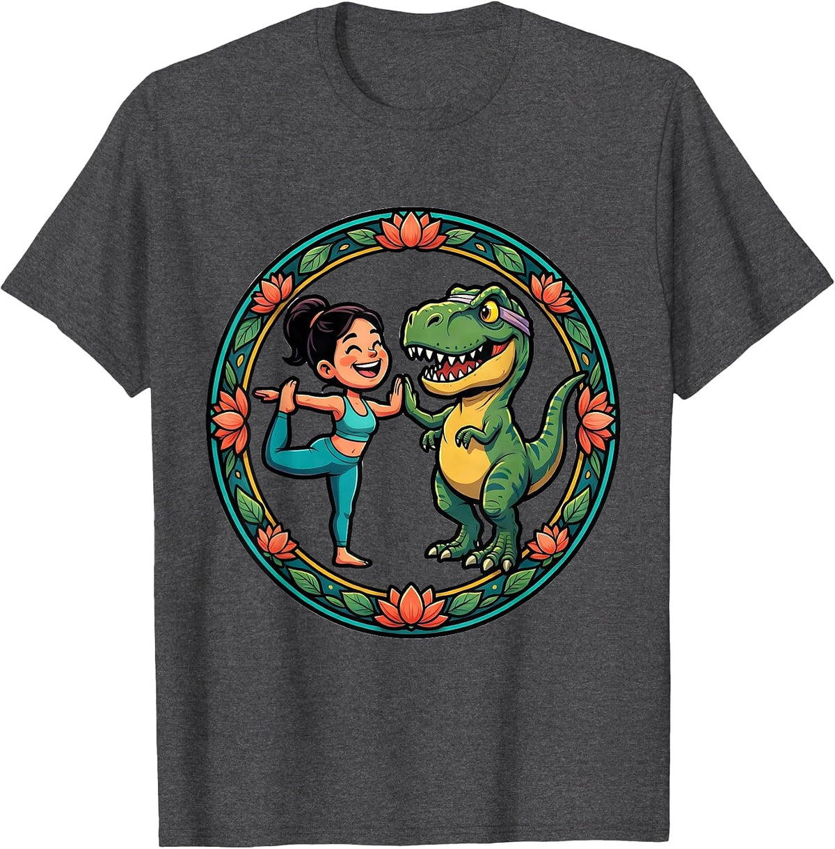 Men's Dinosaur Yoga Partner Funny T-Rex Pose Design T-Shirt - Dark Heather Grey