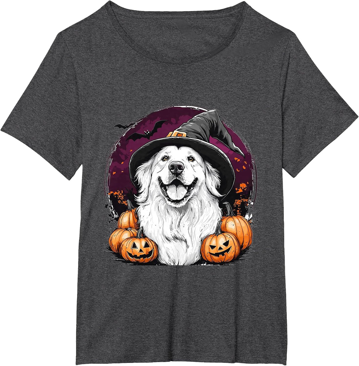 Great Pyrenees Dog Whitch Hat Halloween Pumpkin Spooky Happy T-Shirt - Dark Heather Grey