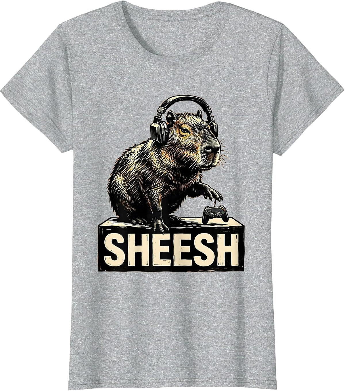 Sheesh Linocut Capybara Gamer Meme Humor Cute T-Shirt - Heather Grey