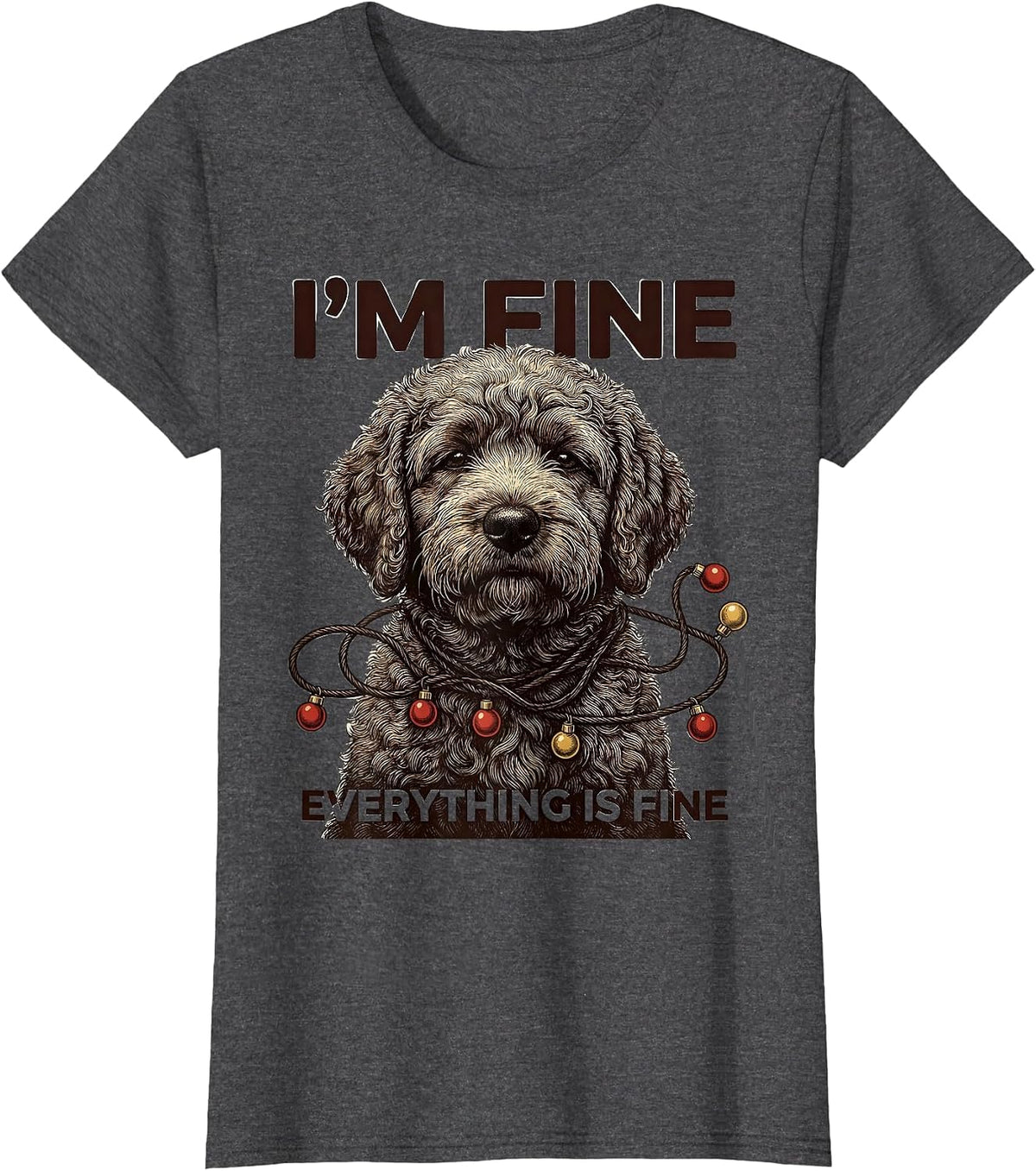 Women's I'm Fine Everything Is Fine Black Labradoodle Christmas T-Shirt - Dark Heather Grey