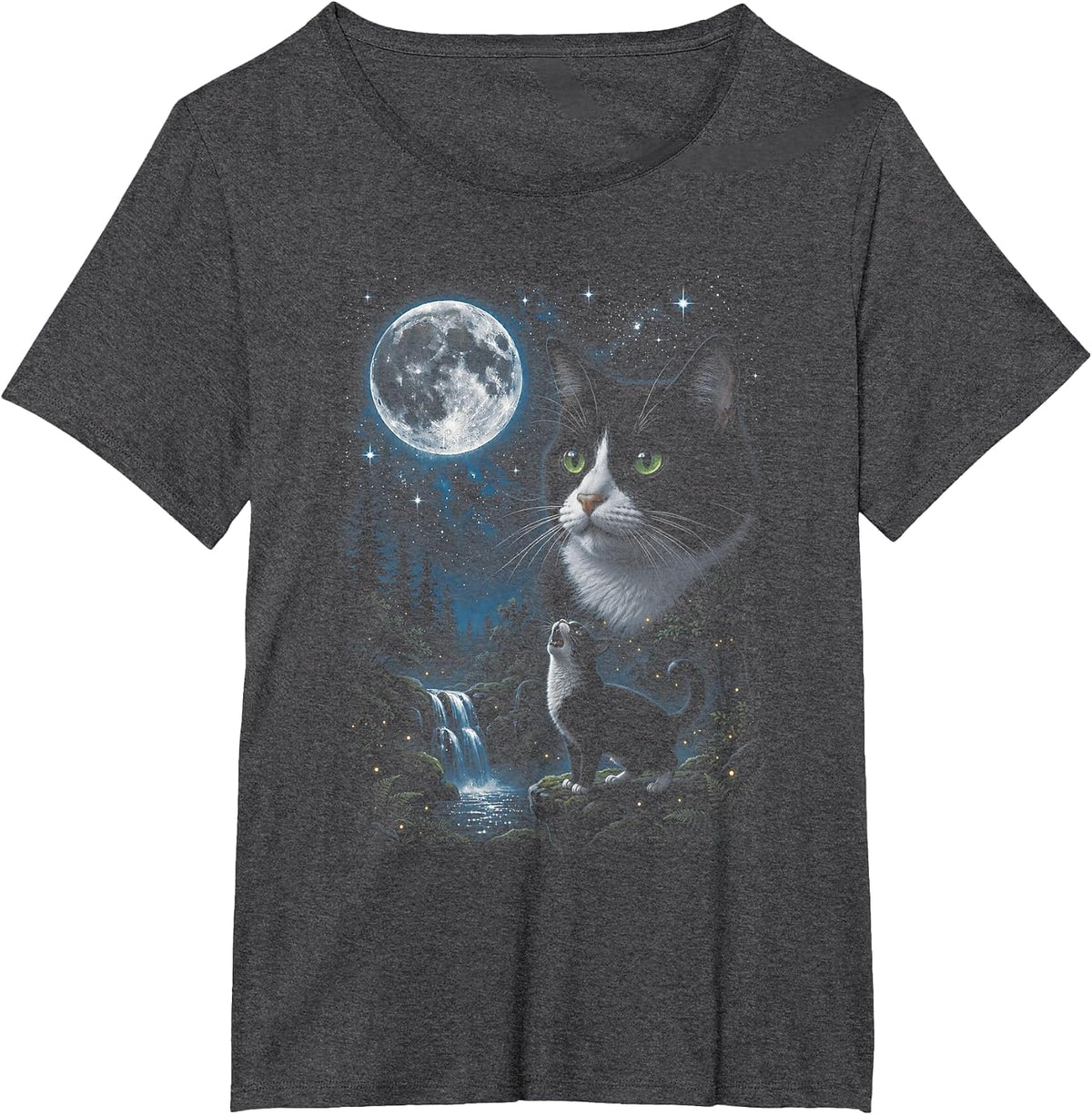 Tuxedo Howling at Moon 90's Retro Nature Forest Cat Lovers T-Shirt - Dark Heather Grey