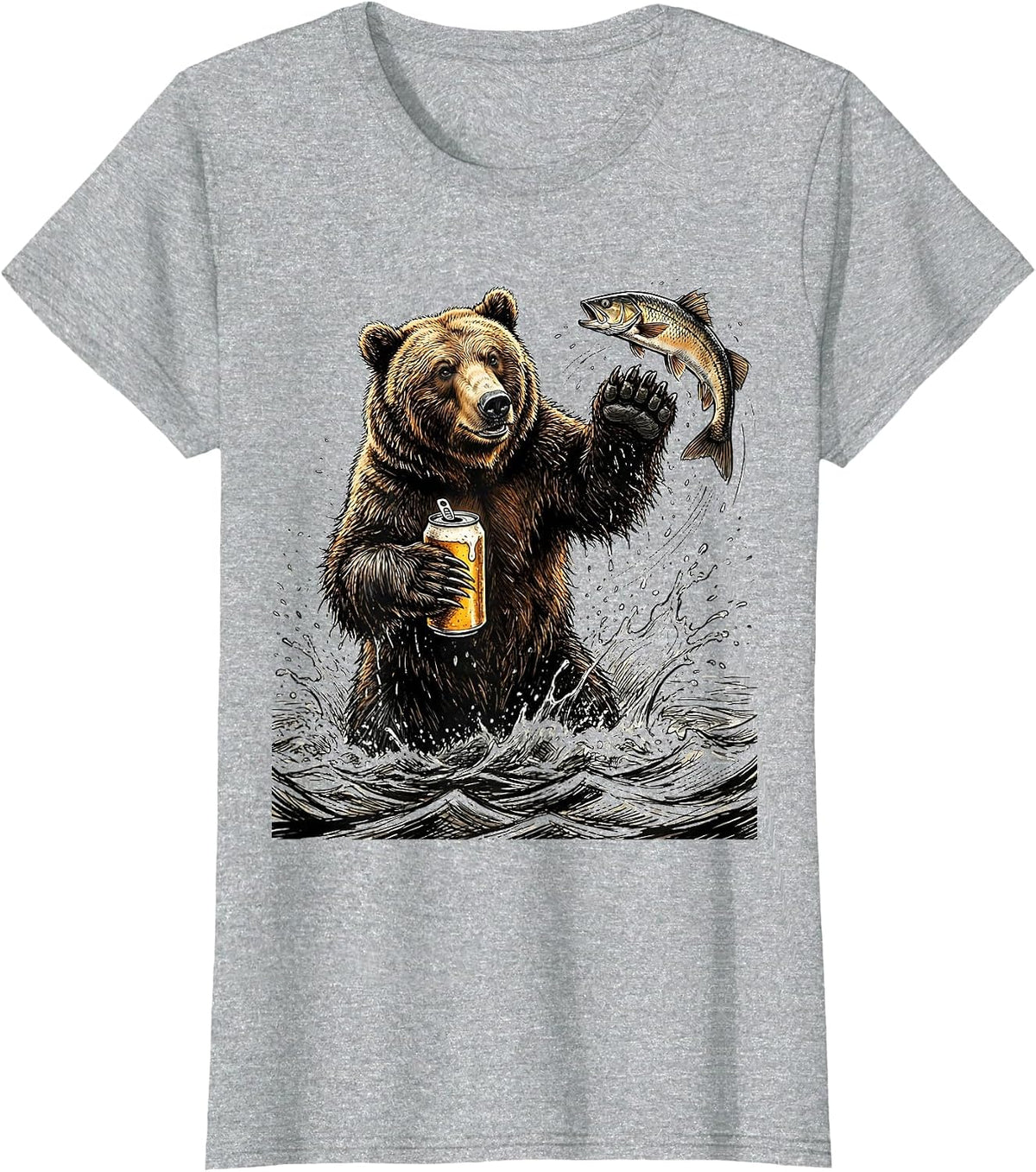Grizzly Bear Fishing With Beer Graphic Tee T-Shirt - Heather Grey