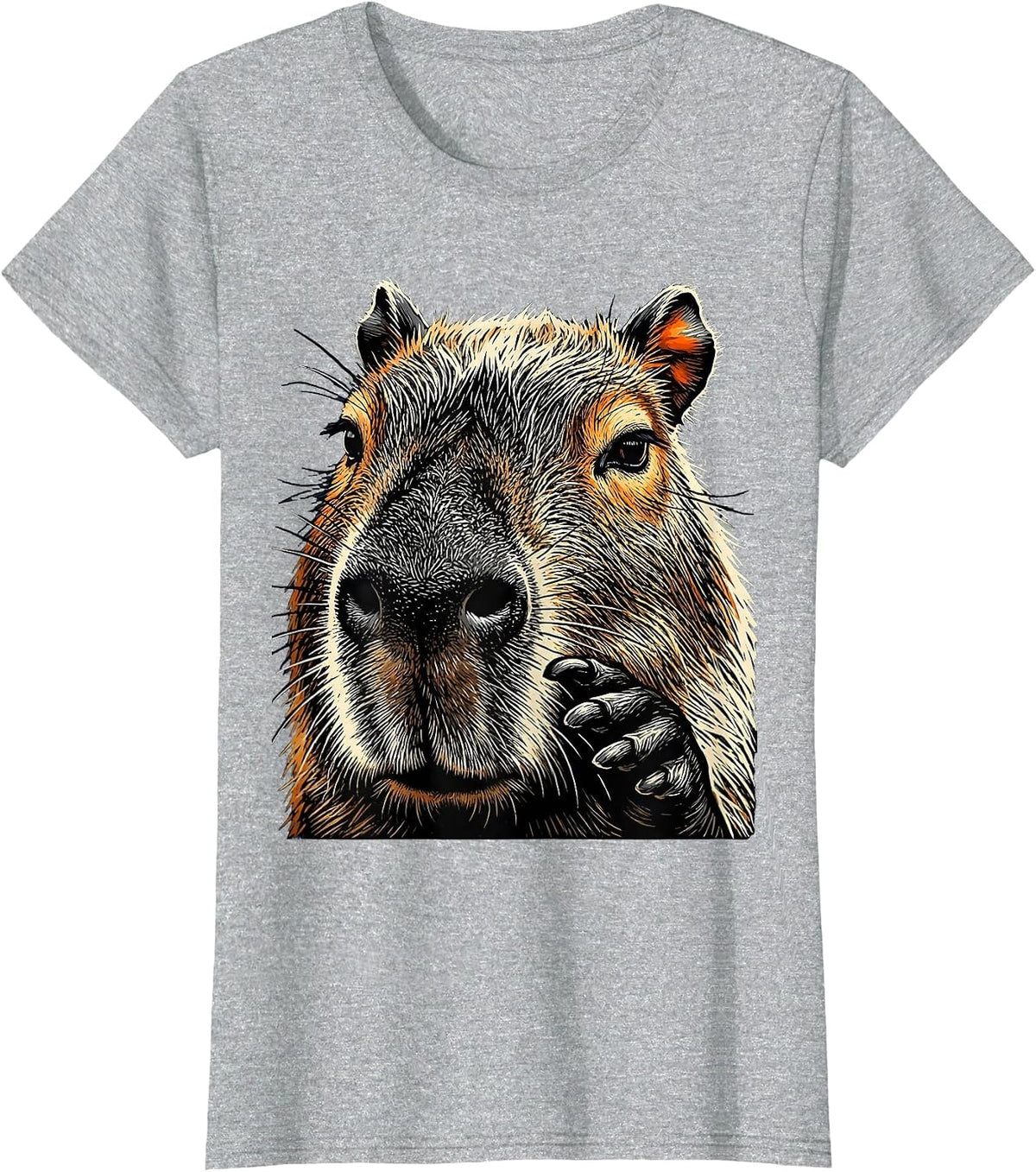 Women's Capybara Linocut Funny Animal Meme Gamer Humor T-Shirt - Heather Grey