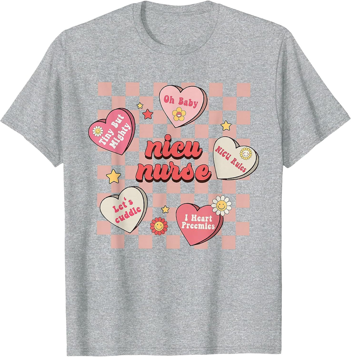 Retro NICU Nurse Conversation Hearts Candy Valentine's Day T-Shirt - Heather Grey