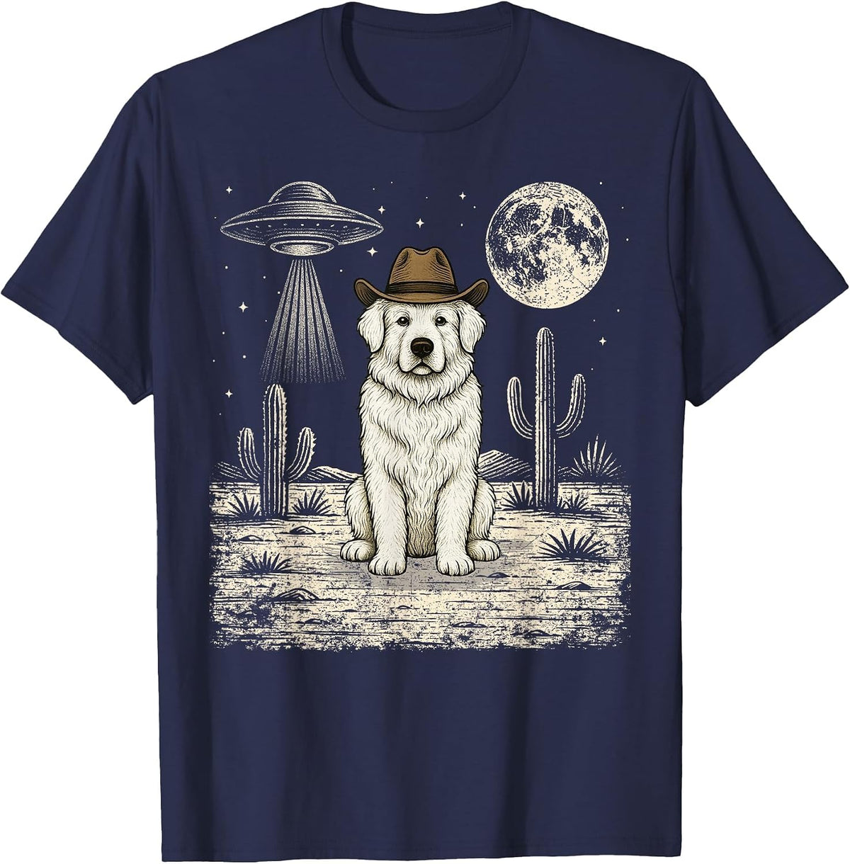 Funny Great Pyrenees Cowboy Western Dog UFO T-Shirt - Navy Blue