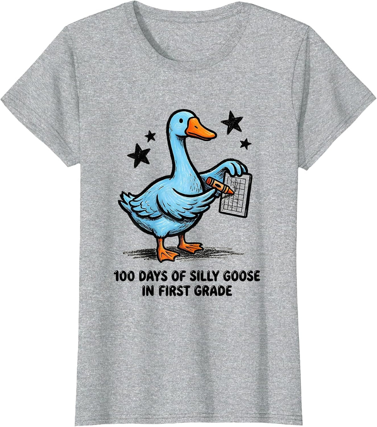 Women's 100 Days of Silly Goose in First Grade Funny Teacher Humor T-Shirt - Heather Grey