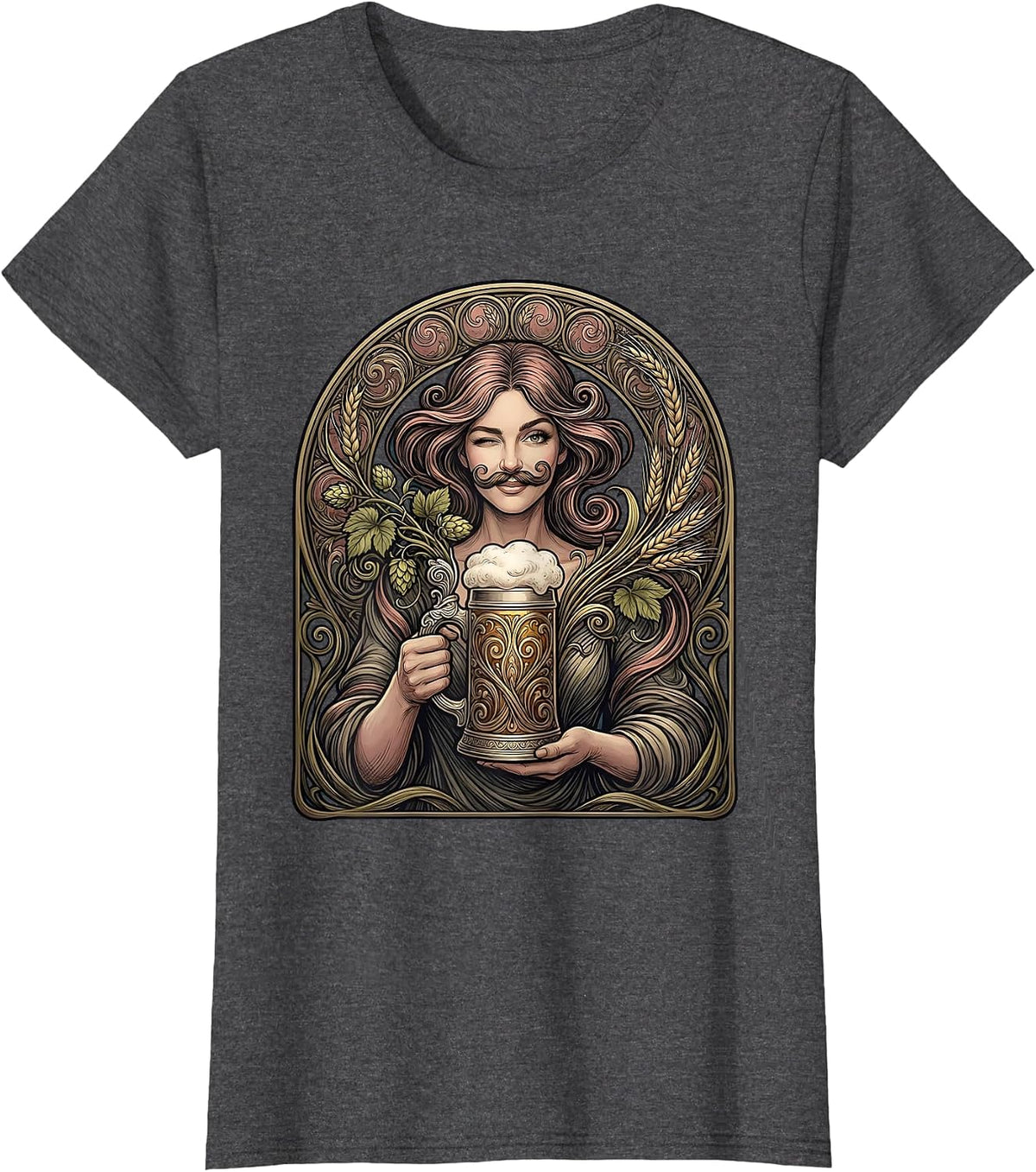 Women's Beer Foam Mustache Winking Illustration T-Shirt - Dark Heather Grey