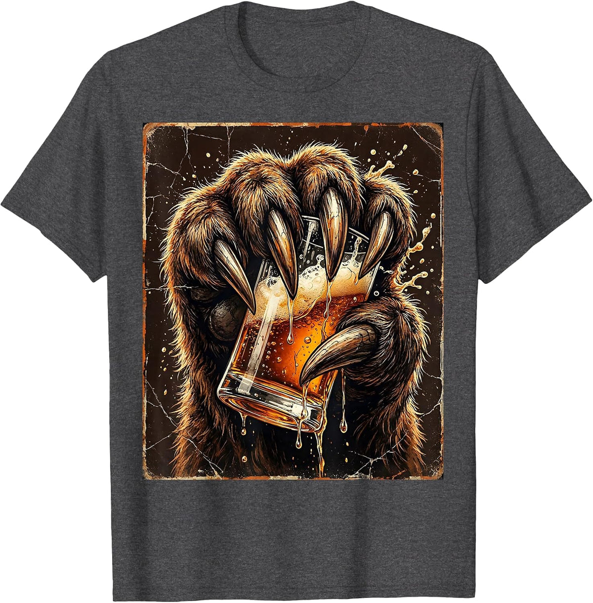 Bear Paw Gripping a Pint Glass Graphic Design T-Shirt - Dark Heather Grey