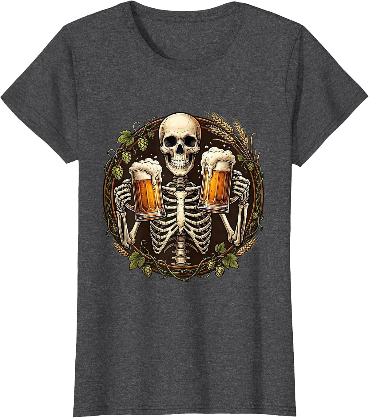 Women's Skeleton Cheers Beer Drinking Skull Graphic T-Shirt - Dark Heather Grey
