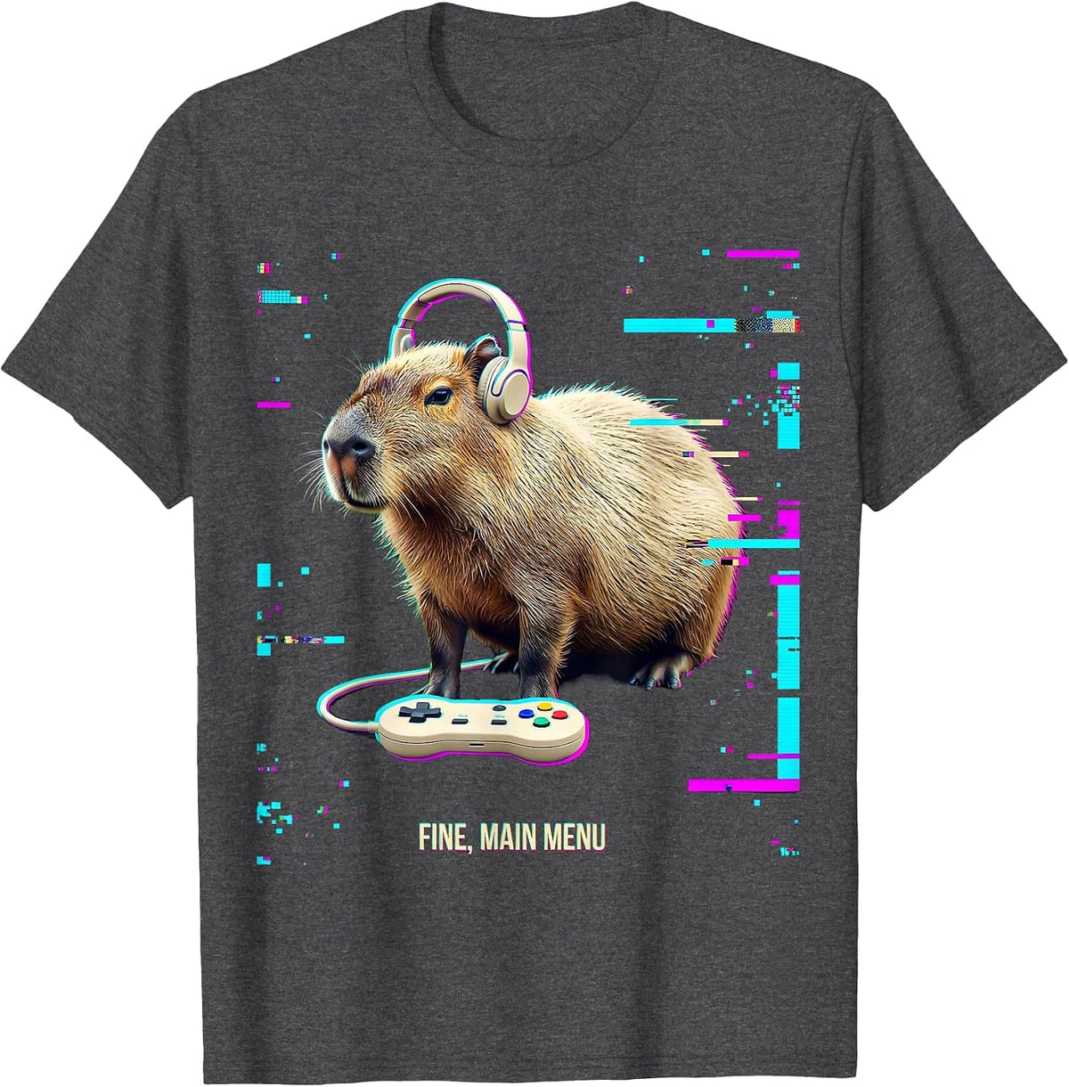 Men's Fine, Main Menu Glitch Datamosh Capybara Gamer Bruh Meme T-Shirt - Dark Heather Grey