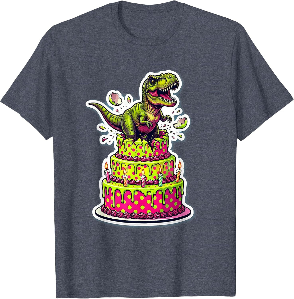 Baby Dinosaur Hatching Birthday Cake Illustration T-Shirt - Heather Blue