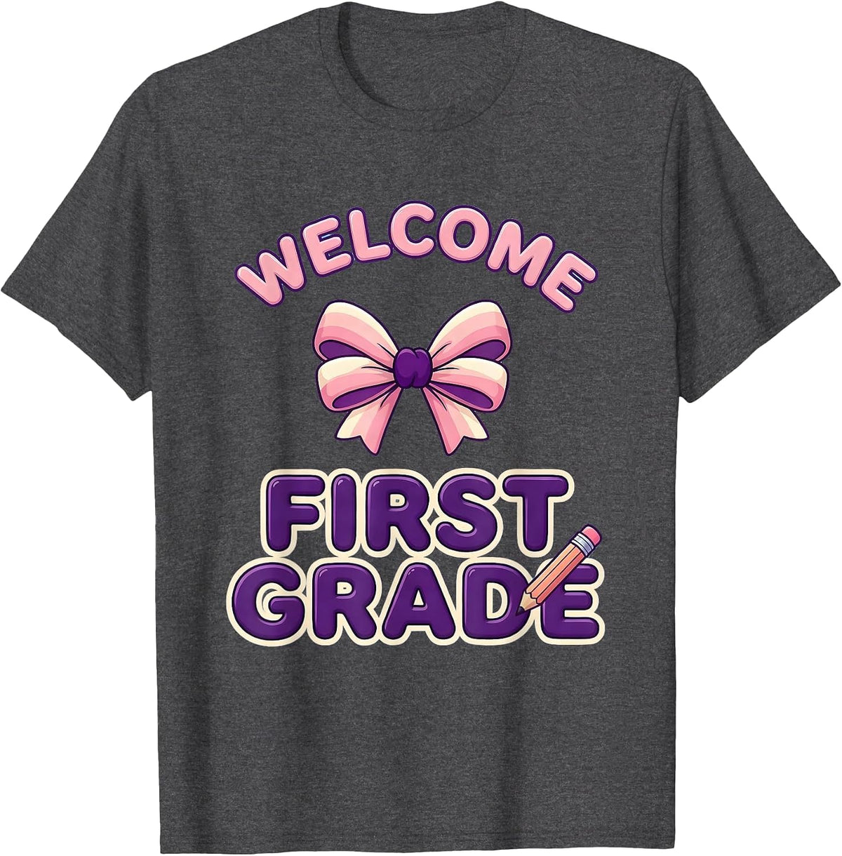 Men's Welcome, First Grade Cute Kawaii Back to School Pencil Bow T-Shirt - Dark Heather Grey