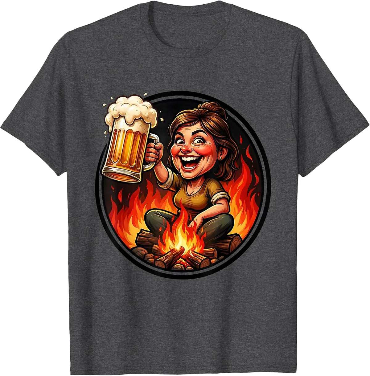 Men's Woman With Beer Mug Campfire Graphic T-Shirt - Dark Heather Grey