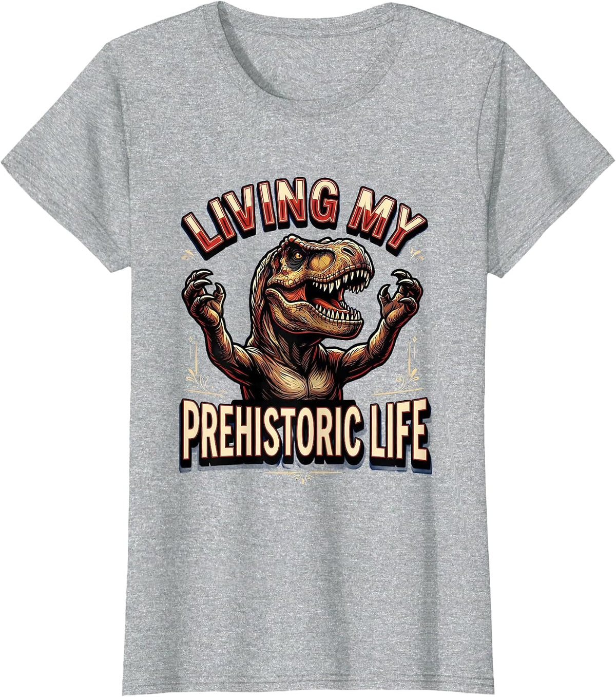 Women's Living My Prehistoric Life Dinosaur Design T-Shirt - Heather Grey