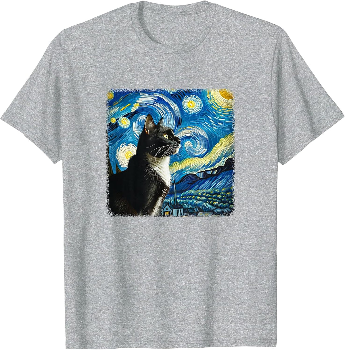 Tuxedo Cat Starry Night - Van Gogh Style - T-Shirt - Heather Grey