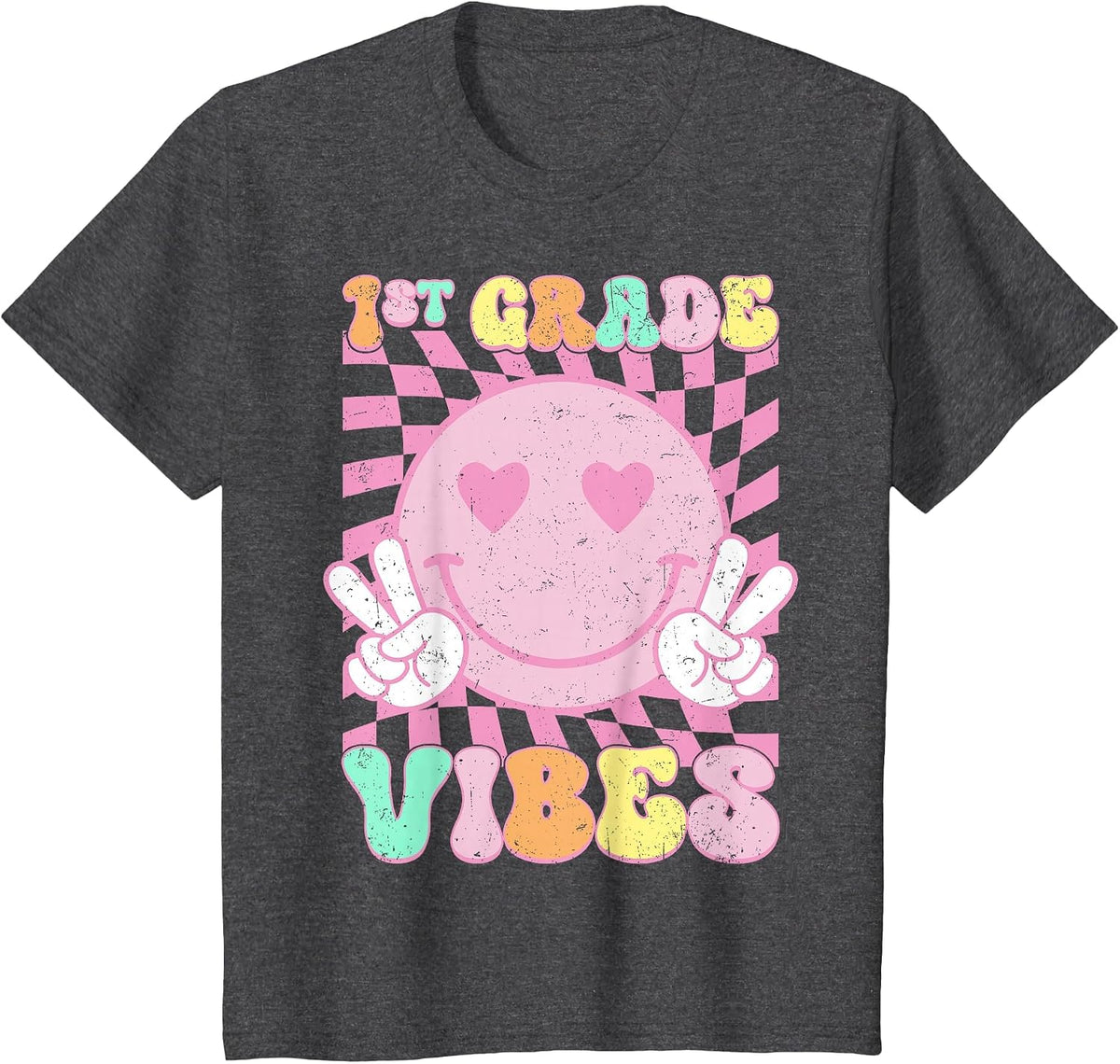 Pink 1st Grade Vibes Smile Face Back to School First Grade T-Shirt - Dark Heather Grey