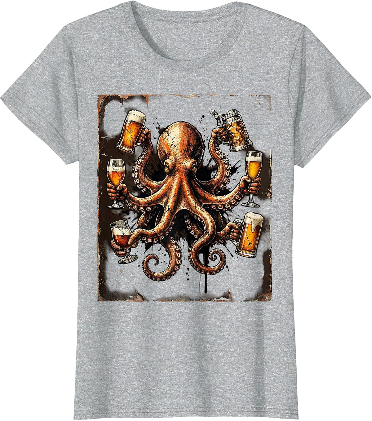 Octopus Cheers Beer Lover Graphic Design T-Shirt - Heather Grey