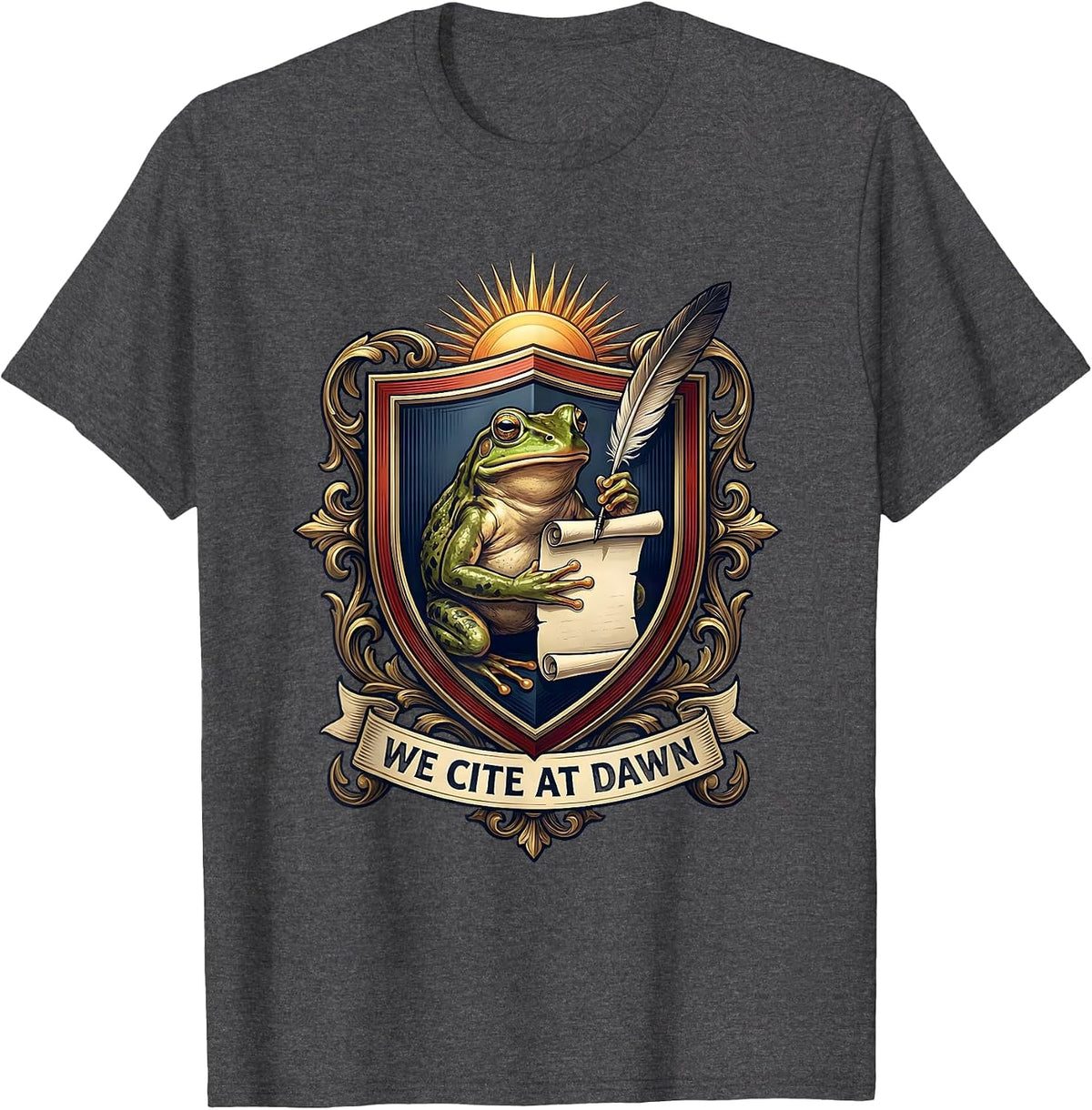 We Cite At Dawn Funny Frog Teacher English Reader Humor T-Shirt - Dark Heather Grey
