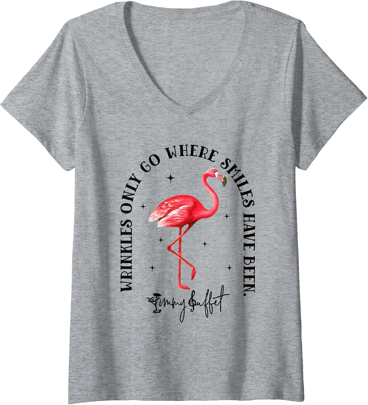 Women's Wrinkles Only Go Where Smiles Have Been Flamingo V-Neck T-Shirt - Heather Grey