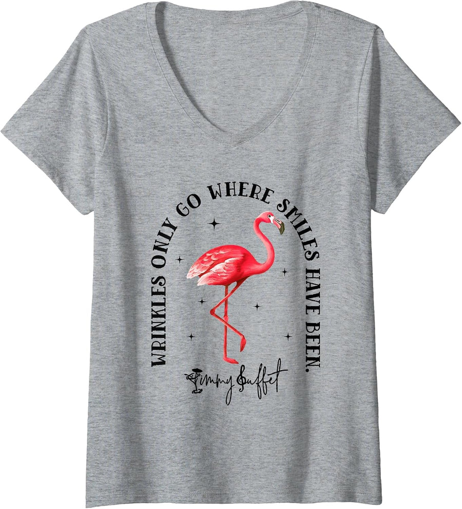 Women's Wrinkles Only Go Where Smiles Have Been Flamingo V-Neck T-Shirt - Heather Grey