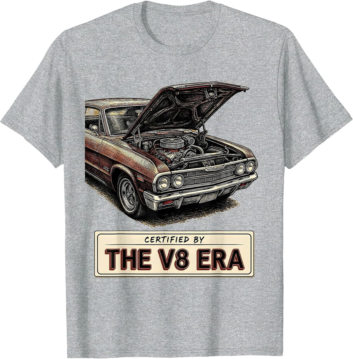Men's Certified By The V8 Era Vintage Classic Muscle Car T-Shirt - Heather Grey